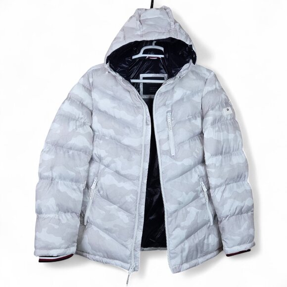 Tommy Hilfiger Jacket Mens Medium Puffer Quilted Camo Down Like Hooded Coat Zip - Picture 1 of 16